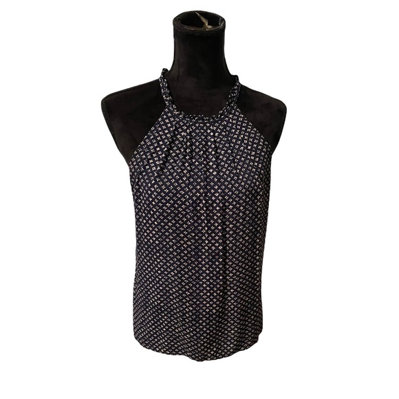 Tops - Navy halter button up back, ruffled neck navy top sleeveless